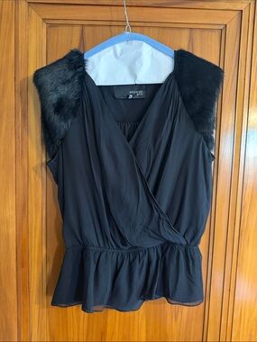 Black Faux-Fur Trim Sleeveless Wrap Top